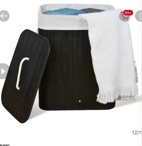 Cesto de Roupa Suja Bambu Com Tampa e Alças 50 Litros Grande Organizador Multiuso