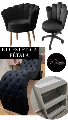Kit estética maca, mocho pétala, carrinho auxiliar, poltrona pétala