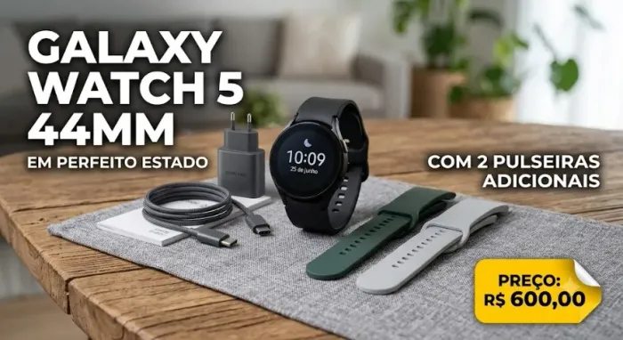 Galaxy Watch 5 44 mm em prefeito estado, com 2 pulseiras adicionais