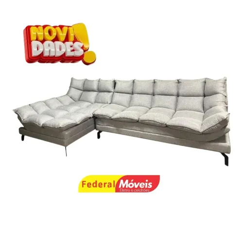 Sofá com Chaise em Linho 3,00m Pés de Ferro Fundido - Chama no WhatsApp 