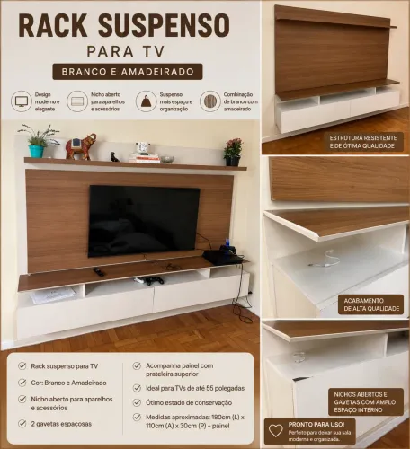 Rack Suspenso para TV até 55? com Painel e Prateleira - Branco/Amadeirado