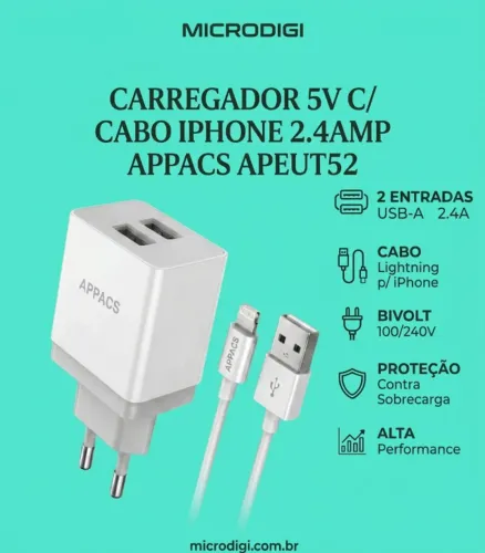 Carregador NOVO 2 Entradas com Cabo iPhone Branco 5V 2.4AMP 100240V - APPACS