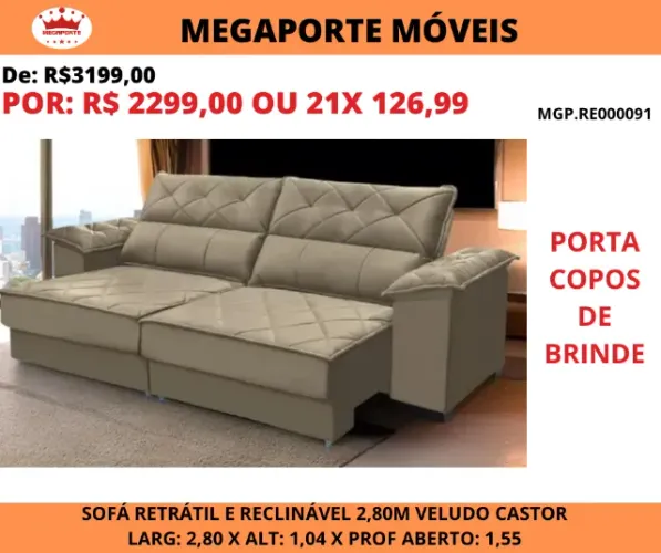 Estofado Roma Retrátil e Reclinável 2,80 Veludo Castor