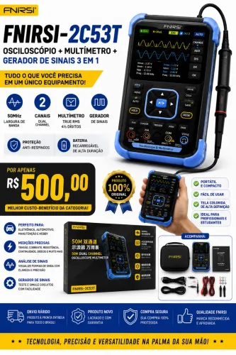 FNIRSI 2C53T - Osciloscópio + Multímetro + Gerador de Sinais 3 em 1 | Novo