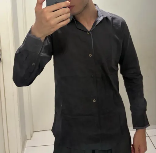 Camisa Social Cinza Listrada Discreta Manga Longa