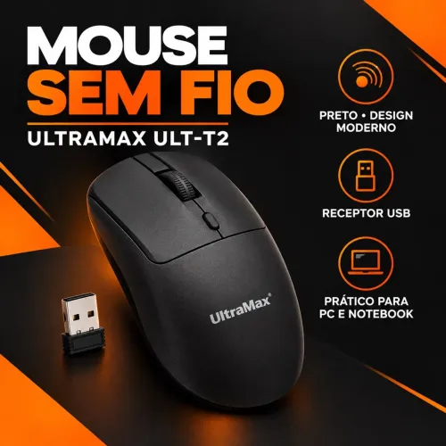 Mouse Sem Fio UltraMax ULT-T2 Preto - USB (Caixa do mouse danificada)