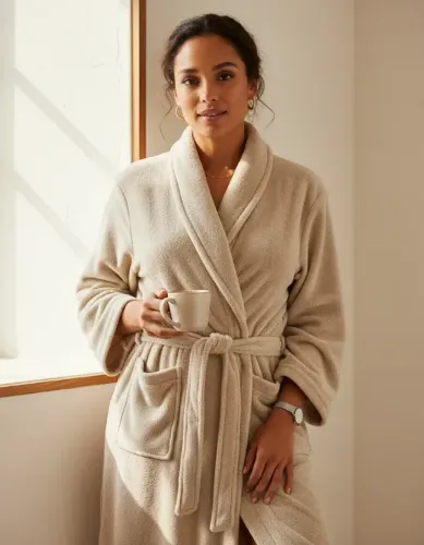 roupão unissex de fleece com faixa - bege linho | casa riachuelo premium