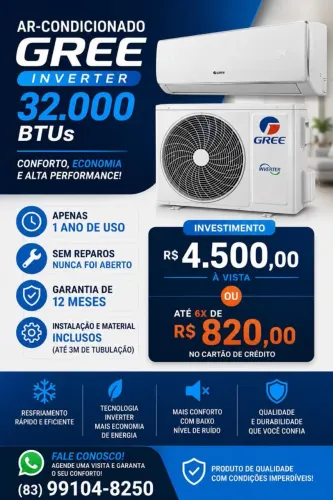 Gree 32 mil BTUs inverter. Com instalação inclusa