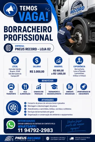 VAGA BORRACHEIRO PROFISSIONAL
