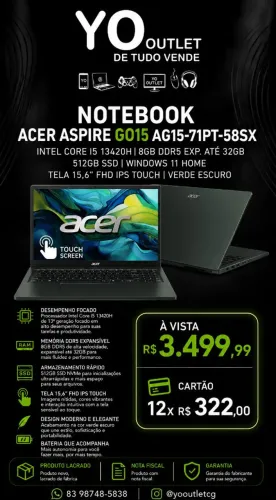Notebook Acer Aspire Go 15, Core i5 13ª, 8GB DDR5, 512GB SSD, Tela 15,6" FHD IPS com Touch