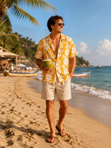 Camisa Masculina Floral de Bali - Indonésia - Amarela - Tam. G