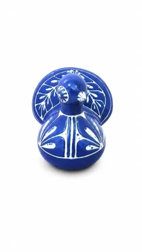 Pássaro Decorativo em Cerâmica Azul e Branca Pintado à Mão
