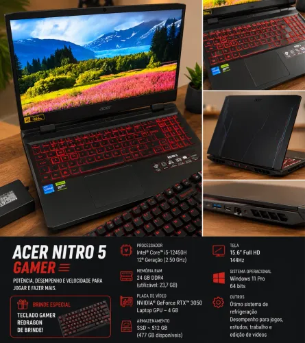 ACER NITRO 5 GAMER - i5 12ª GERAÇÃO + RTX 3050 + 24GB RAM 
