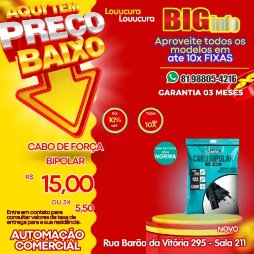 Cabo De Força Energia Bipolar 8 para Video Gamer ps2 ps3 ps4 e TV Radio 1.5 Metros