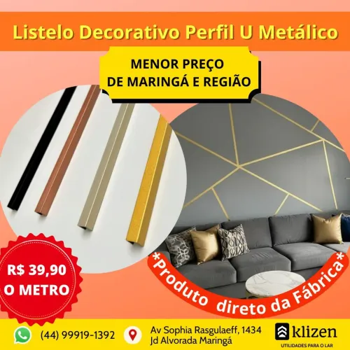 Listelo Perfil U Filete Metálico Decorativo na Klizen Utilidades para o Lar