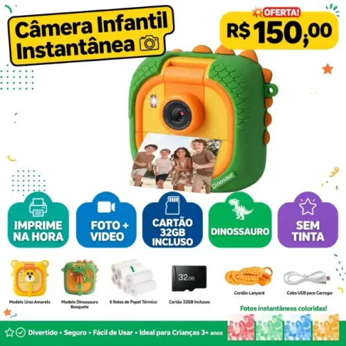 Câmera Infantil Instantânea Imprime Foto Vídeo Cartão 32gb