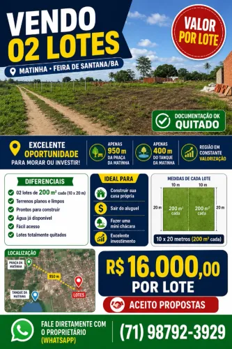 TERRENO NA MATINHA - VALOR POR LOTE