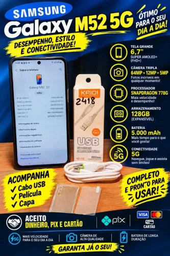 Samsung M52 5G, Capa, Película e Cabo