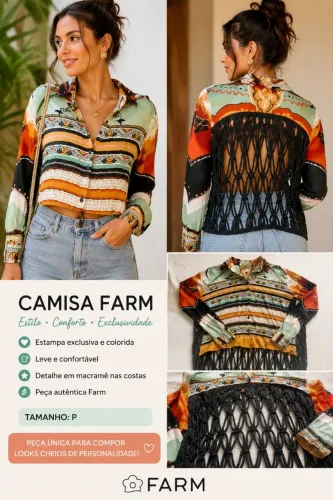 Camisa Farm Feminina Estampada com Franjas em Macramê - Tamanho P