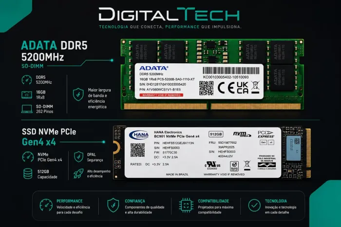 Memória RAM 16GB DDR5 5200MHz e SSD 512GB NVME PCIe 4x4