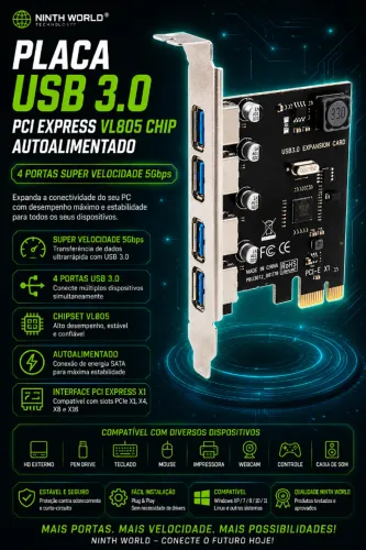 Placa USB 3.0 Ninth World PCI Express VL805 Chip 4 Portas Super Velocidade (NOVO/LACRADO!)