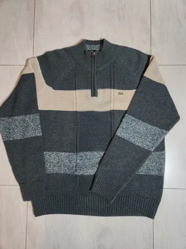 Blusa Tricô Lacoste Original Meio Zíper Cinza e Bege - Lã e Acrílico