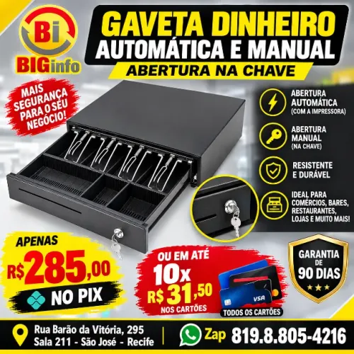 Gaveta Dinheiro Abertura Automática e Manual com Chave - Em ate 10x Fixas 