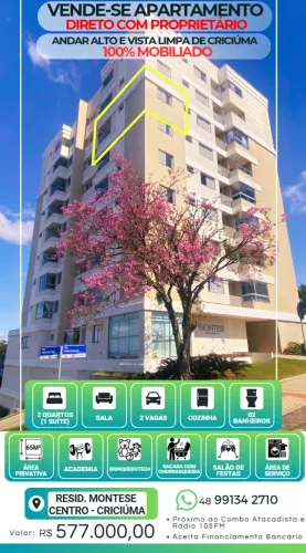 Ap. 2 quartos, 2 garagens - andar alto e sol da manhã - CENTRO CRICIÚMA - MOBILIADO