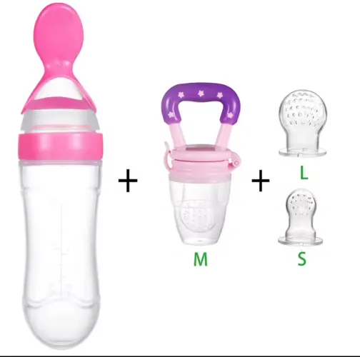 ? Kit Alimentação Infantil 2 em 1 - Chupeta Porta Frutinha + Mamadeira Colher Dosadora!