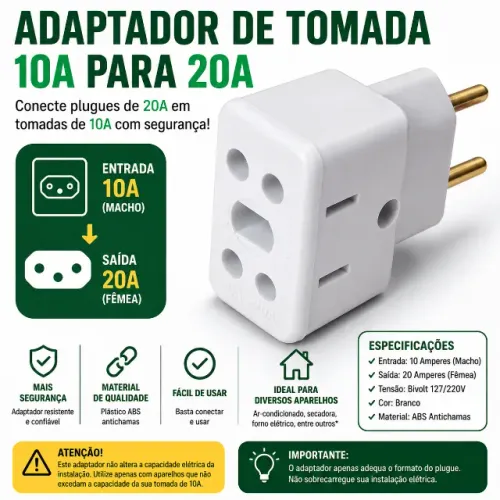 Adaptador de Tomada 10A para 20A | Conector Elétrico Padrão Brasileiro | Alta Qualidade