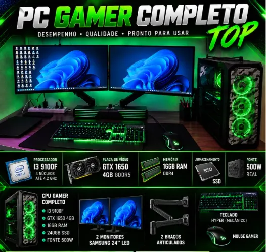 PC GAMER COMPLETO - I3 de 9ª - GTX1650 4GB - 2 MONITORES 24" LED + BRAÇOS ARTICULADOS E +