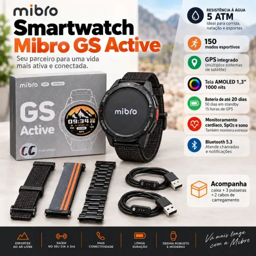 Smartwatch Mibro GS Active GPS 5ATM AMOLED + 3 Pulseiras + 2 Carregadores