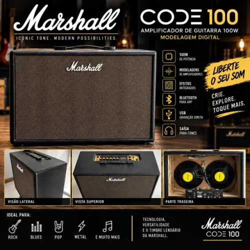 Marshall CODE 100 W 2x12 Amplificador de Guitarra Digital com Bluetooth e Efeitos