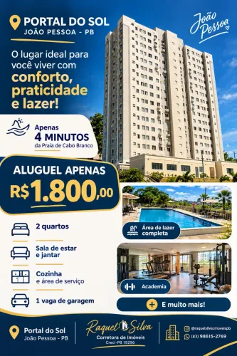 APTO DISPONÍVEL ALUGUEL, PORTAL DO SOL, 4 minutos da PRAIA DE CABO BRANCO