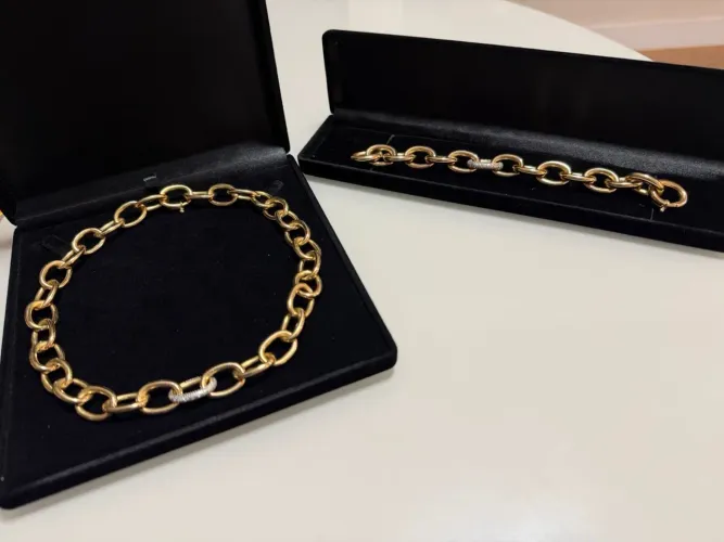 Gargantilha + Pulseira 18k e Diamantes 75g