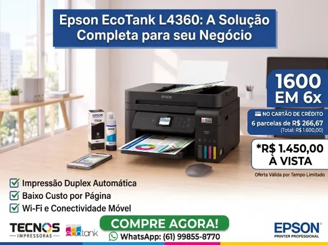Impressora Multifunções Epson EcoTank L4360 Wi-Fi - Duplex Automático (Nova)