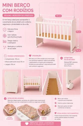 MINI BERÇO COM COLCHÃO, KIT BERÇO, LENÇÓIS E URSINHOS DE PELÚCIAS E BANHEIRA GALZERANO
