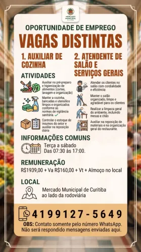 Contrata-se auxiliar de cozinha e atendimento no mercado municipal