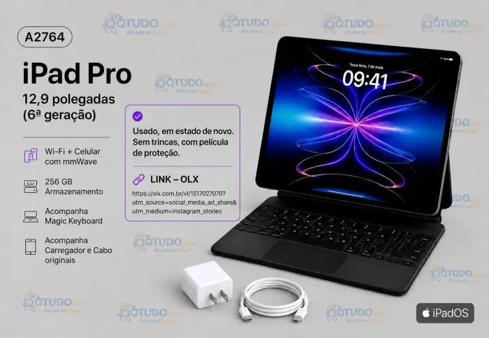 KIT APPLE Ipad Pro 12.9 Wi-Fi-cel M2 Prata 256Gb + MagicKeyboard+carreador e cabo C Apple