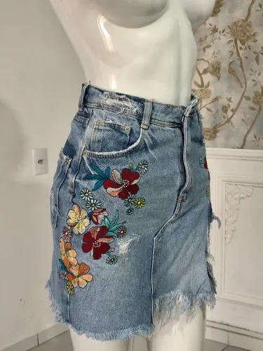 saia jeans bordada zara original