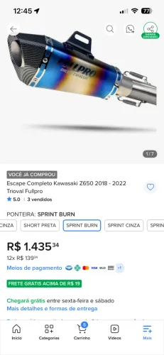 Escape esportivo full z650, 1 semana de uso