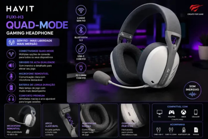 Headset Gamer Havit Fuxi-H3 Quad-Mode Sem Fio - Praticamente Novo!