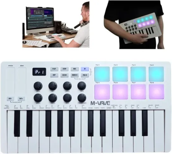 Controlador M-VAVE MIDI Bluetooth 25 Teclas com 8 Pads RGB, Bateria de 16h
