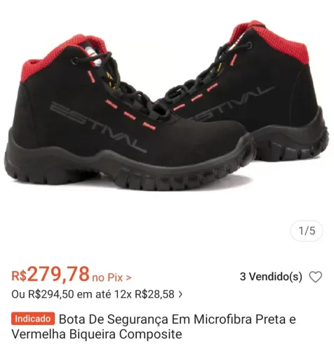 Bota De Segurança Em Microfibra Preta e Rosa<br>Vermelha Biqueira Composite