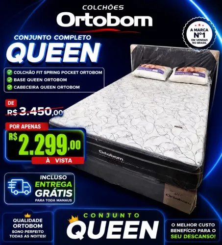 Cama Queen Ortobom Completa Colchão + Base + Cabeceira R$ 2.299,00 Entrega grátis