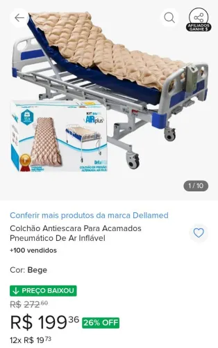 Colchão Antiescara Pneumático de Ar Inflável, da marca Dellamed (modelo Air Plus).