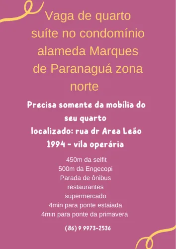 VAGA PARA MENINA QUARTO COM SUÍTE 