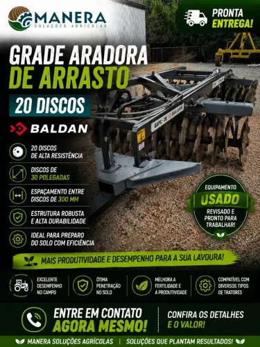 Grade Aradora 20 discos de 30 polegadas, Marca Baldan, Espaçamento de 300 mm