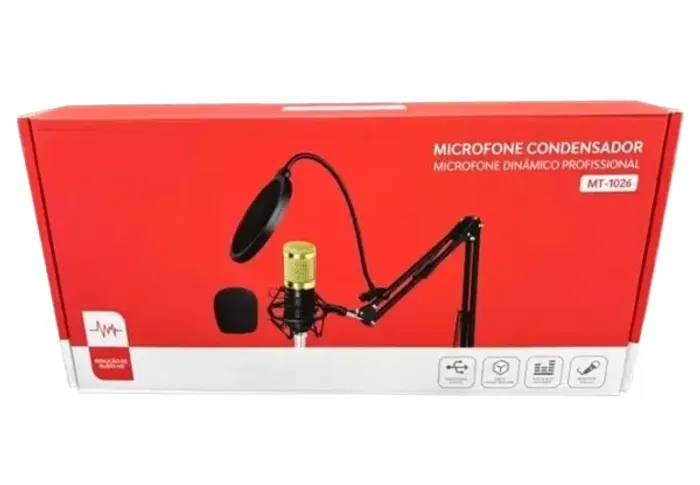 Microfone Com Braço Kit Condensador Profissional Podcast Mt-1026 - Tomate - Loja Coimbra