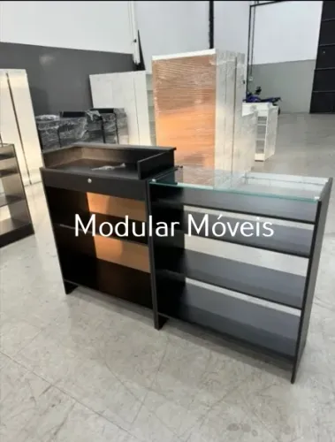 Balcão Caixa + Balcão Vitrine Preto com Vidro Superior - MDF Preto